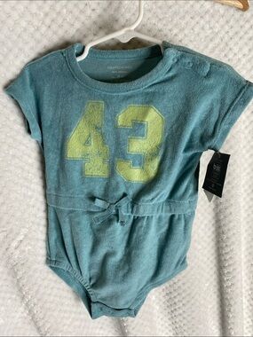 Grayson Mini MutedTeal GreenTerry Baby Romper Bubble Outfit with number 43